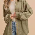 Moss Green Waffle Knit Patchwork Buttoned Oversized Shacket - Foto 1