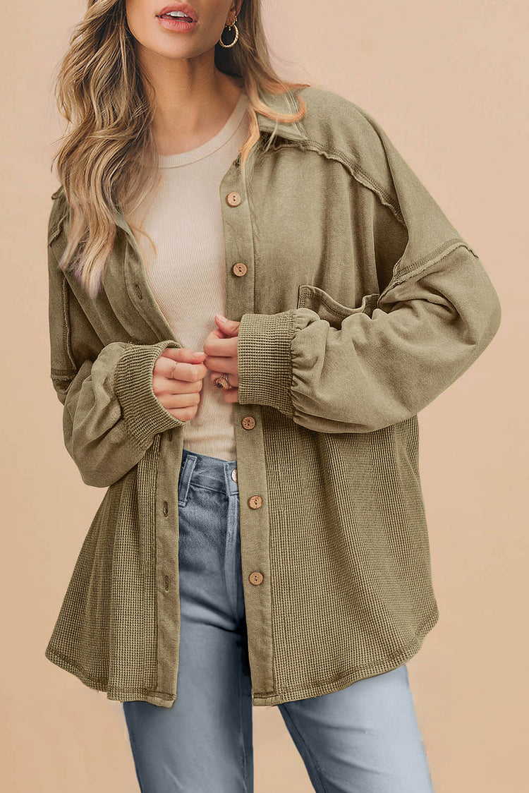Moss Green Waffle Knit Patchwork Buttoned Oversized Shacket - Damesmode