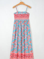 Himmelblaues Bohemien-Ethnie-Print-Spaghettiträger-Maxi-Kleid mit Spaghetti-Trägern - Miniatuur