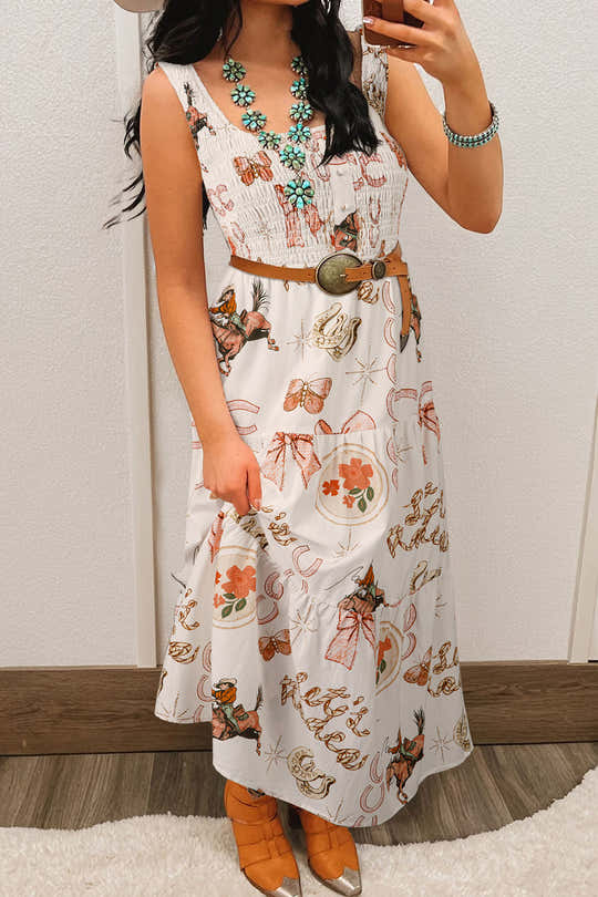 Weißes ärmelloses Midi-Kleid mit U-Ausschnitt im Hufeisenmuster