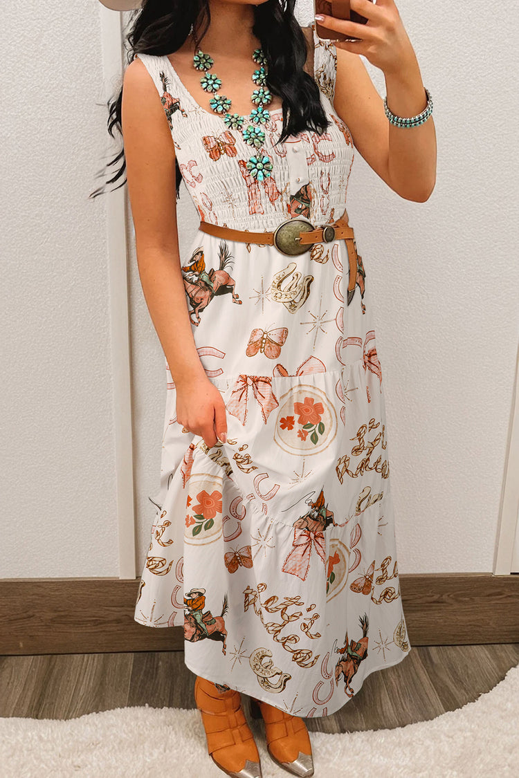 White Western Horseshoe Print U-Neck Sleeveless Midi Dress - Damesmode