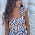 Sky Blue Ethnic Geometric Print Square Neck Smocked High Waist Ruffle Sleeve Dress - Foto 3