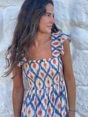 Himmelblaues, ethnisch-geometrisches Muster mit quadratischem Hals, hoch taillenförmigem Kleid mit Rüschenärmeln - Miniatuur