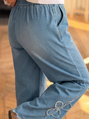 Jeans Beau Blue Floral Desfiados Larga Perna Larga Ba Raw - Damesmode Afbeelding 2 - Miniatuur
