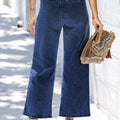 Sail Blue Héich Taille Knäppchen virun Breet Been, kuerz Jeans - Foto 2