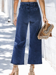 Jeans tagliati a vita alta a vita alta e gamba larga tagliati a vela blu - Miniatuur