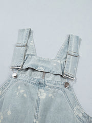Sky Blue Retro Wash Denim Floral Print Overall Mini Dress - Miniatuur