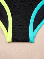 Schwarzes Blumen-Strukturiertes Neon-Trim V-Ausschnitt Rückenloses Tankini-Set – Damesmode Afbeelding 7 - Miniatuur
