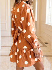 Brown Polka Dot Long Sleeve Tie Waist Casual Shift Mini Dress - Miniatuur