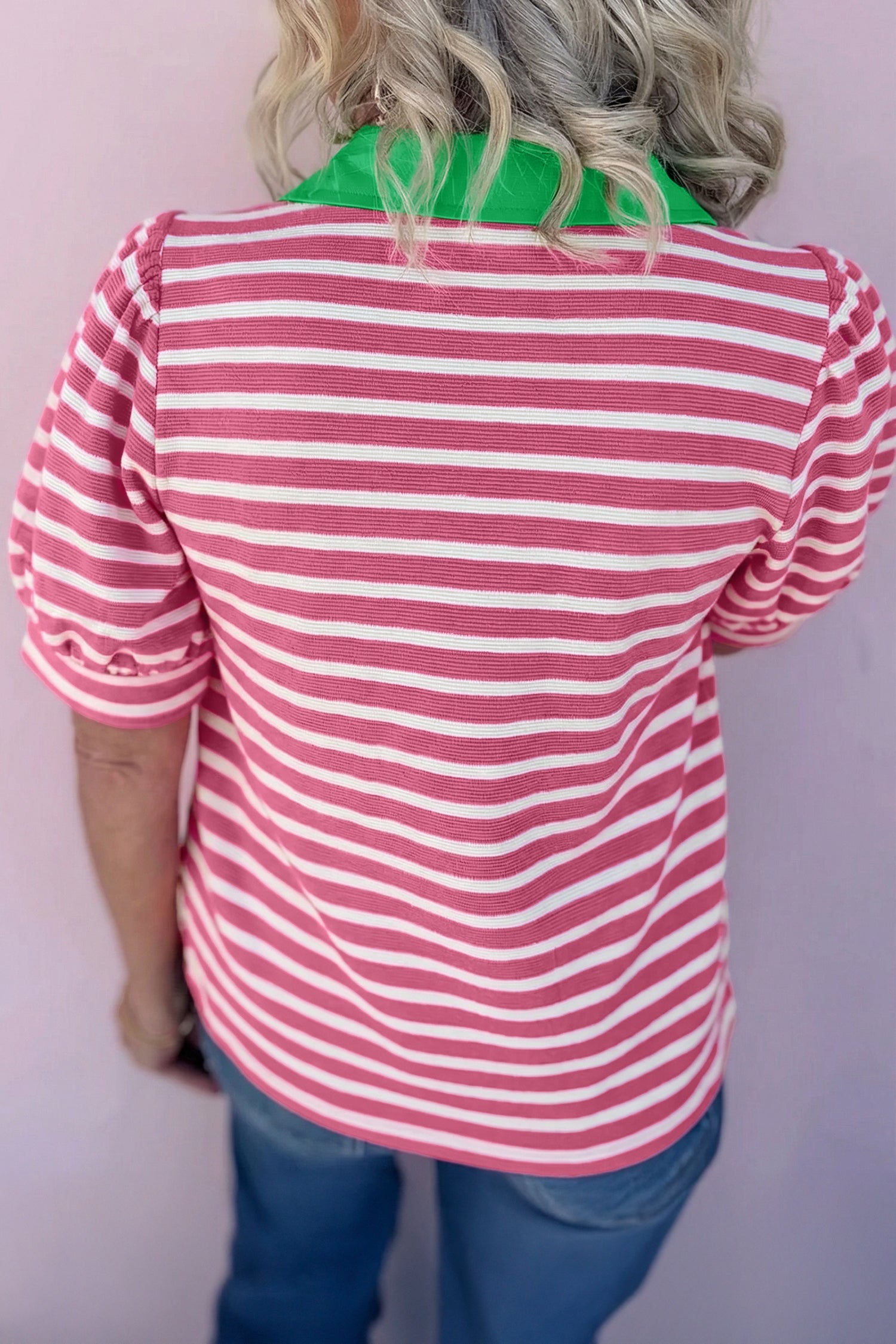 Black Stripe Short Puff Sleeve Color Block Polo Collar Blouse - Damesmode Afbeelding 5