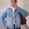 Sky Blue Polka Dot Long Sleeve Collar Pocket Casual Shift Silhouette Denim Jacket - Foto 6