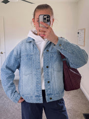 Sky Blue Polka Dot Long Sleeve Collar Pocket Casual Shift Silhouette Denim Jacket - Miniatuur