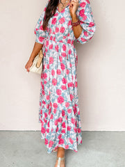 Red Elegant Floral Puff Sleeve Midi Dress - Miniatuur