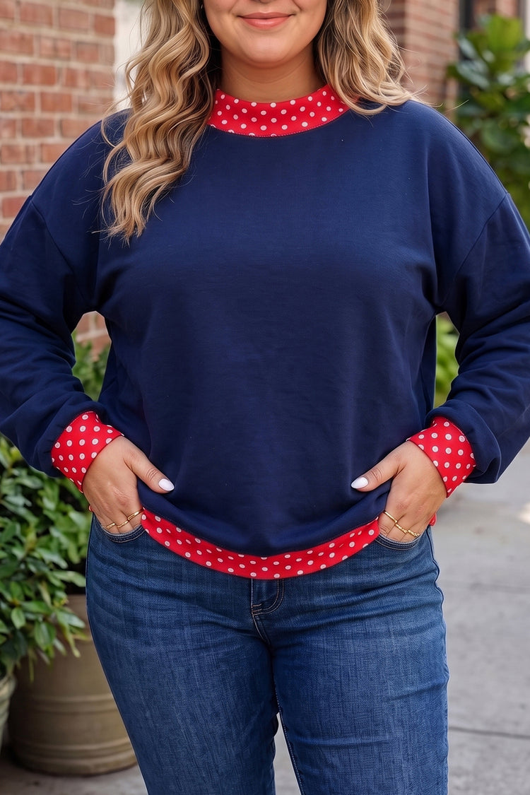 Schmutziger blauer Polka-Dot-Patchwork Rundhals-Pullover in Plus-Size-Größen - Damesmode