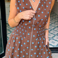 Black Polka Dot Print Contrast Trim V Neck Zip Up Sleeveless Dress - Damesmode Afbeelding 6 - Foto 6