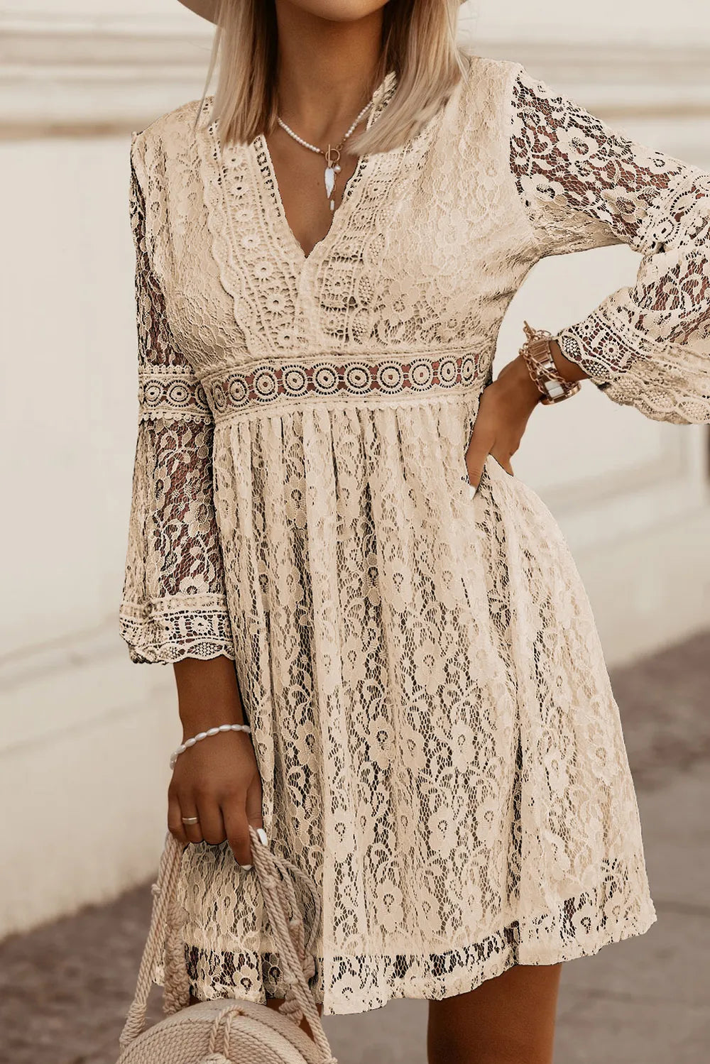 Lace V-Neck Three-Quarter Sleeve Dress - Mode Feminine Exclusive & Vetements | Redblad France