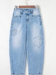 Beau Blue Flower Patched Light Wash Cropped High Waist Barrel Jeans - Damesmode Afbeelding 4 - Miniatuur