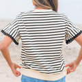 Black Stripe Scallop Lace Trim Ruffle Short Sleeves Crewneck Top - Damesmode Afbeelding 3 - Foto 3