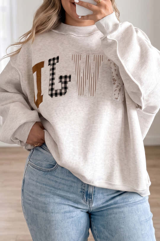 Gray WWJD Mix Pattern Letter Graphic Exposed Seam Loose Plus Size Sweatshirt