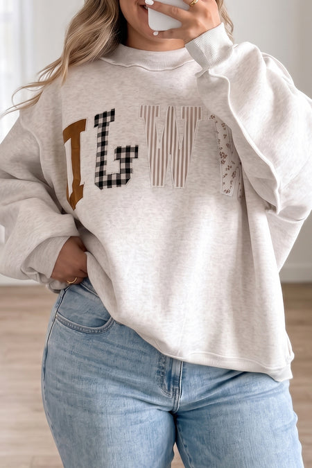 Grauer WWJD Mix Muster Buchstaben Grafik Offene Naht Locker Plus-Size Sweater