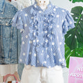 Maglia a maniche a pois piegato a righe azzurro cielo con maniche plissate e pieghe - Foto 4