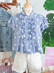 Camisa de manga plissada com folhos com riscas azul celeste, riscas contrastadas e bolinhas - Miniatuur