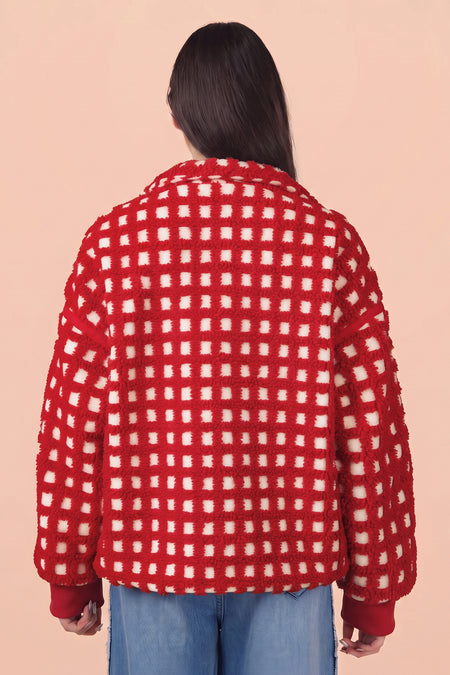 Feurige rote karierte Langarmjacke mit Reißverschluss - Detail