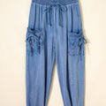 Beau Blue Drawstring Elastic Waist Pocketed Loose Denim Pants - Damesmode Afbeelding 5 - Foto 5