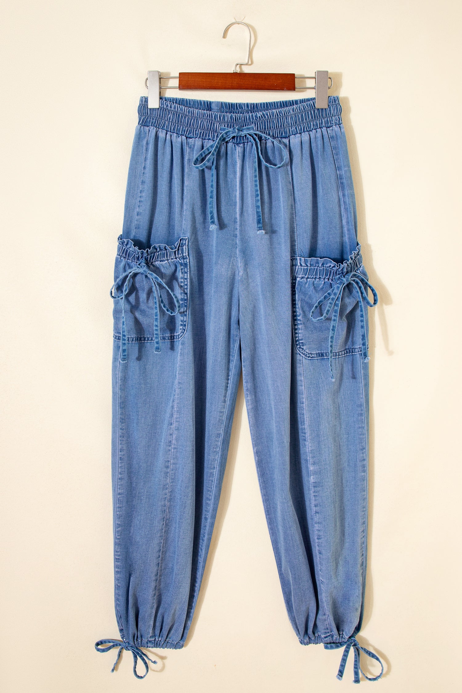 Beau Blue Drawstring Elastic Waist Pocketed Loose Denim Pants - Damesmode Afbeelding 5
