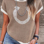 Horse Shoe Pattern Contrast Trim Short Sleeve Sweater