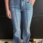 Dusk Blue 2 Button High Waist Piping Trim Bootcut Jeans - Thumbnail