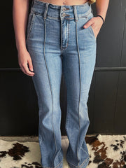 Jeans a stivali a vita alta con 2 bottoni, bordature a bordatura a bordatura - Miniatuur