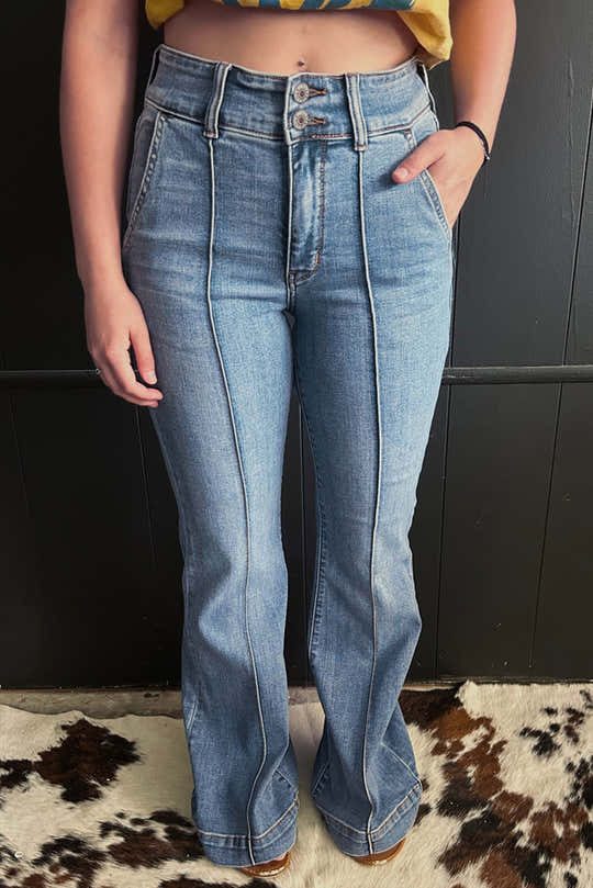 Jeans a stivali a vita alta con 2 bottoni, bordature a bordatura a bordatura