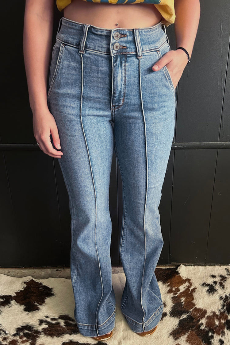 Skymningsblå 2-knapps högmidjade kantkantade bootcut-jeans - Damesmode