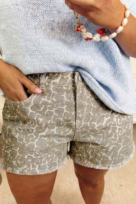 Calções de Ganga com Estampa de Leopardo com Borda Crua Caqui