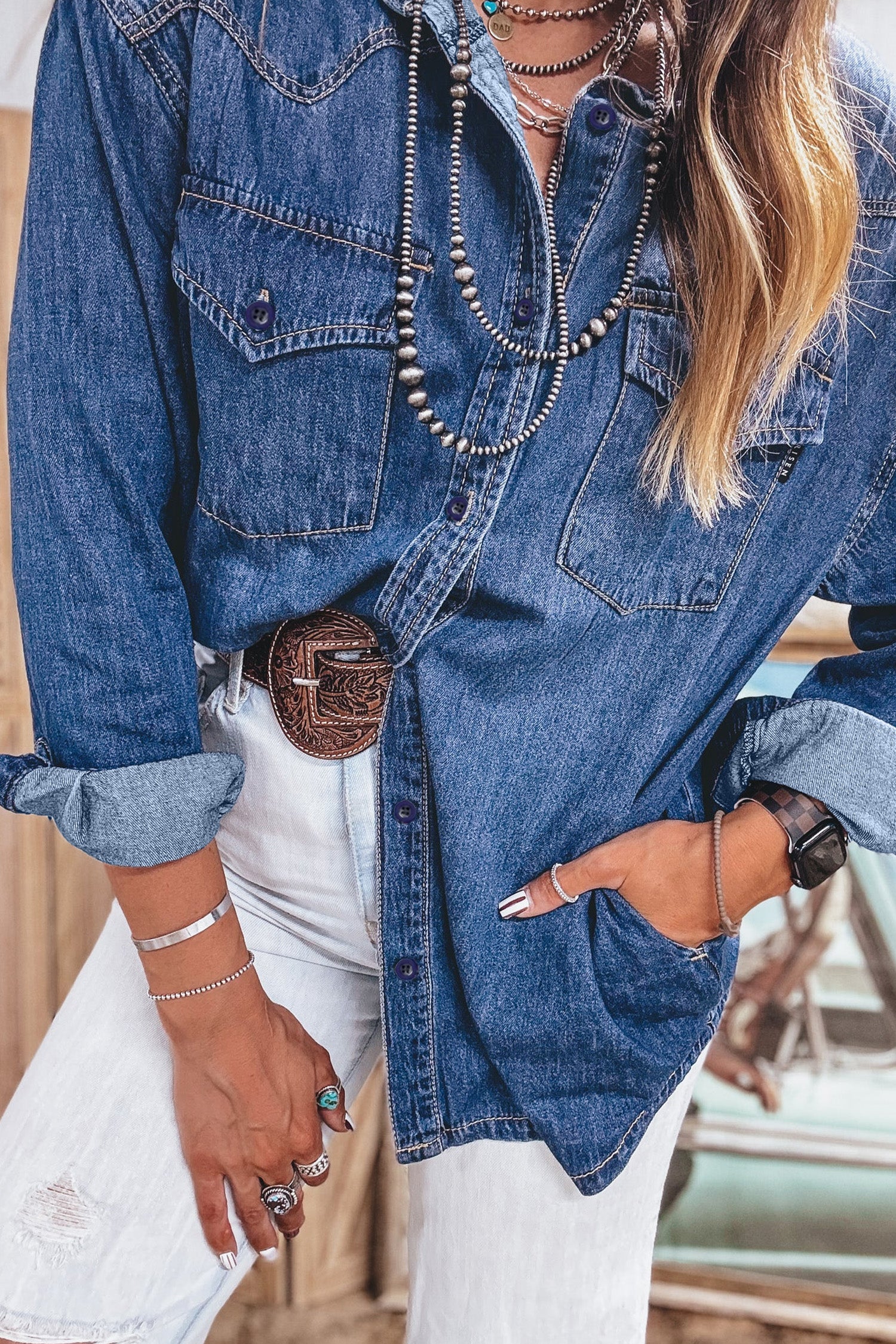 Chemise en jean à manches longues avec poches western, bleu bleu voile
