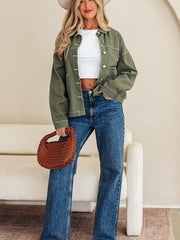 Smoke Green Patched Pocket Collared Button Front Boyfriend Denim Jacket - Miniatuur