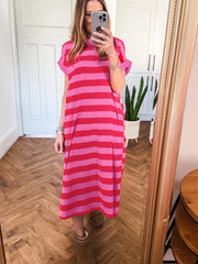 Orange Stripe Cuffed Short Sleeve Pocketed Casual T Shirt Long Dress - Miniatuur