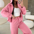 Pink Solid Color Zip Up Hoodie Drawstring Loose Pants Set - Foto 2
