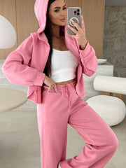 Rosa einfarbiger Hoodie-Hoodie mit Kordelzug und lockerer Hose - Miniatuur