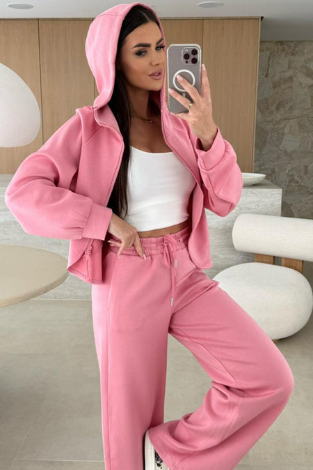 Roze Solid Color Zip Up Capuchontrui Drawstring Loose Pants Set - Detail