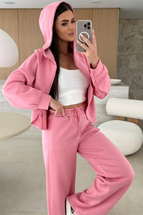 Pink Solid Color Zip Up Hoodie Drawstring Loose Pants Set - Detail