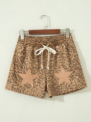 Khaki Leopard Drawstring Elastic Waist Star Patched Shorts - Miniatuur