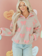 Sweat-shirt gris Sherpa à nœud nuit à fermeture éclair à épaules tombantes ample - Miniatuur