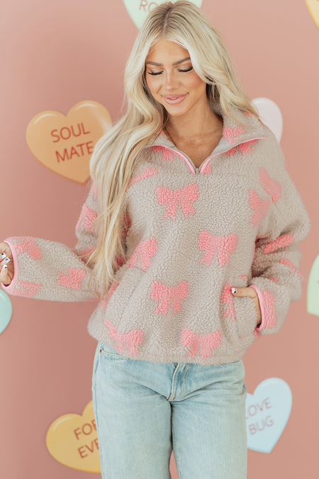 Gray Bow Sherpa Quarter Zip Drop Shoulder Tasgy Sweater