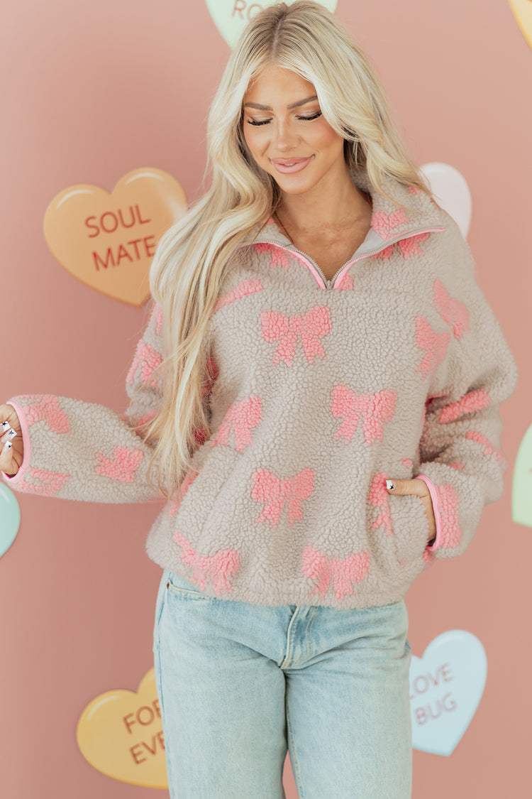 Szara Sherpa Quarter Zip Drop Bluza Bagy Shoulders - Damesmode