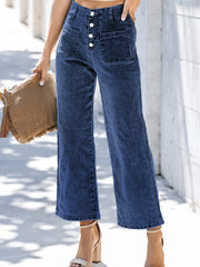 Jeans tagliati a vita alta a vita alta e gamba larga tagliati a vela blu - Miniatuur