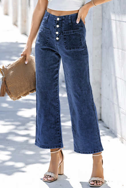 Sail Blue High Waist Button Front Wide Leg Cropped Jeans