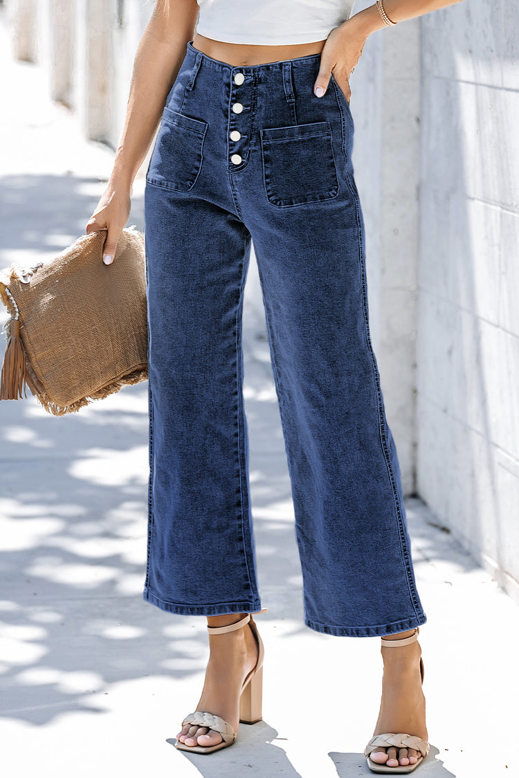 Sail Blue Héich Taille Knäppchen virun Breet Been, kuerz Jeans - Damesmode
