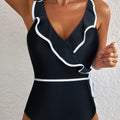 Black Color Contrast Ruffled Wrap V Neck Swimsuit - Damesmode Afbeelding 5 - Foto 5